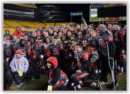 The football team celebrates their second straight WPIAL win at Heinz Field last year. Expectations are high for a three-peat, after returning a number of key versatile players. PHOTO BY EMILY DAVIS PHOTOGRAPHY